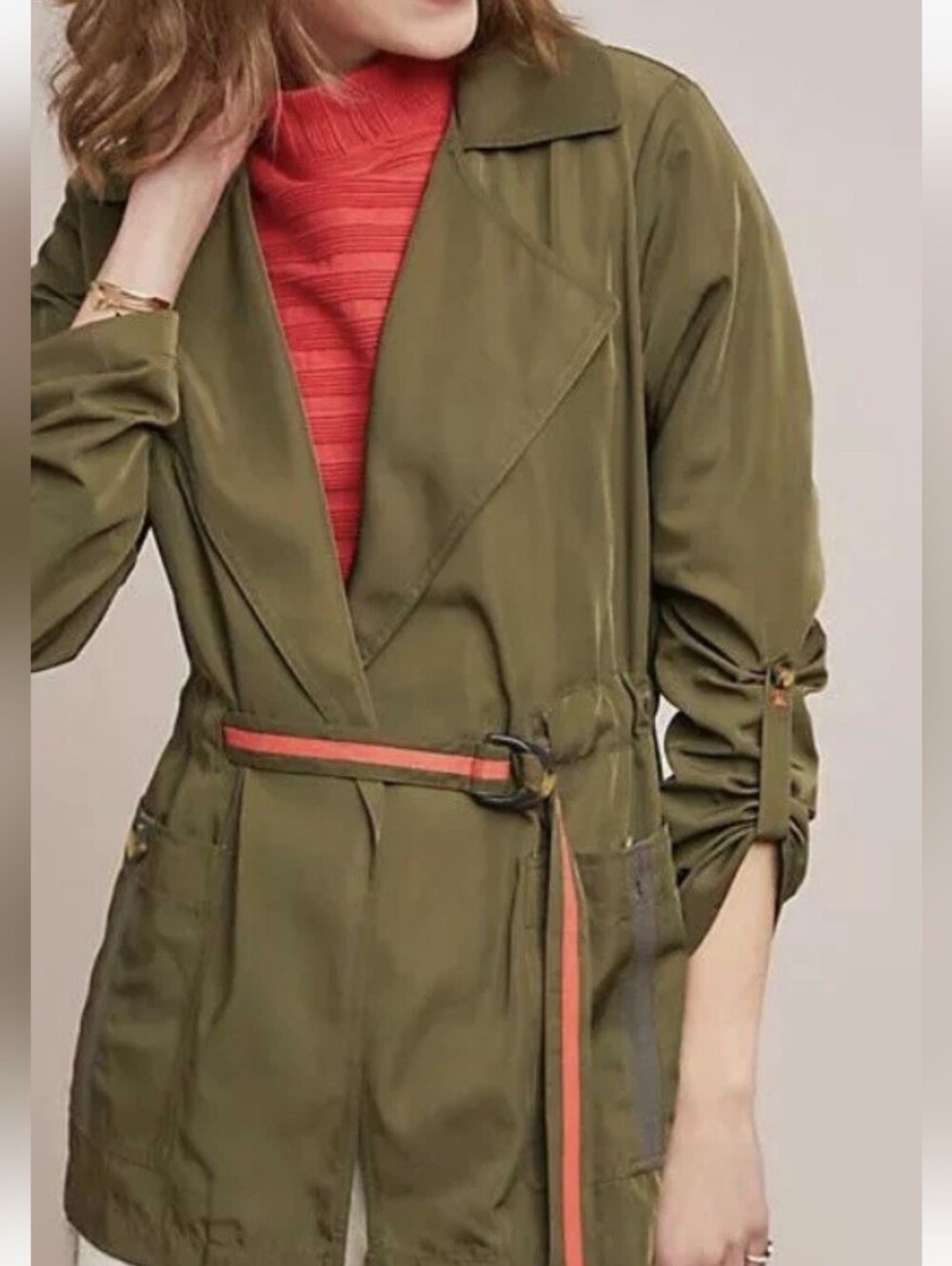 Anthropologie XS Gisborne Obi Trencg Anorak Jacket W/Belt Green W/Orange
